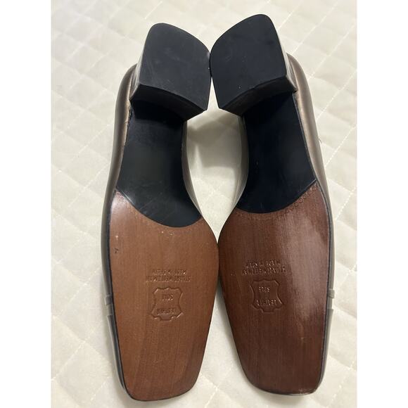 Stuart Weitzman Sz 8 B Bronze Leather Pumps Block Heels Square Toe Formal Shoes - Picture 10 of 13